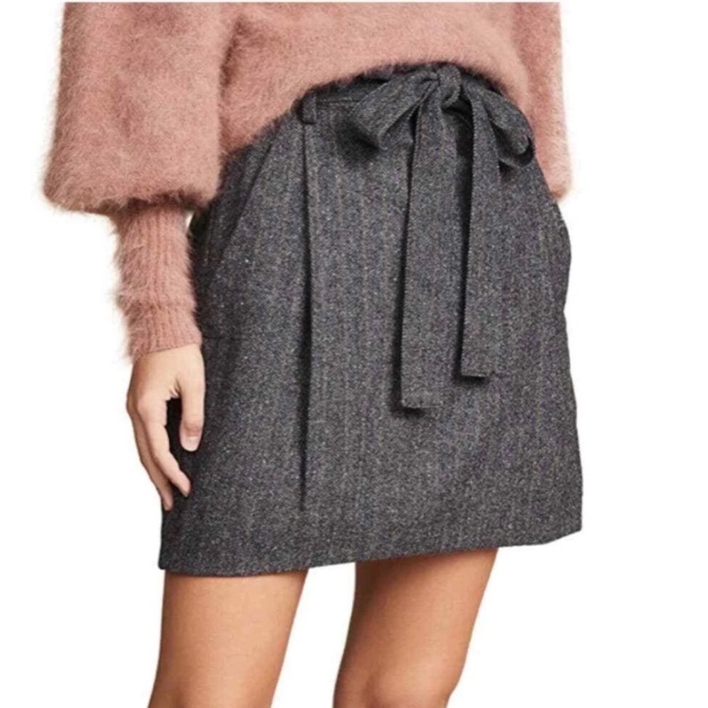 Ulla Johnson Leo Skirt Ash Grey Herringbone Wool Silk Mini Paperbag Waist 4